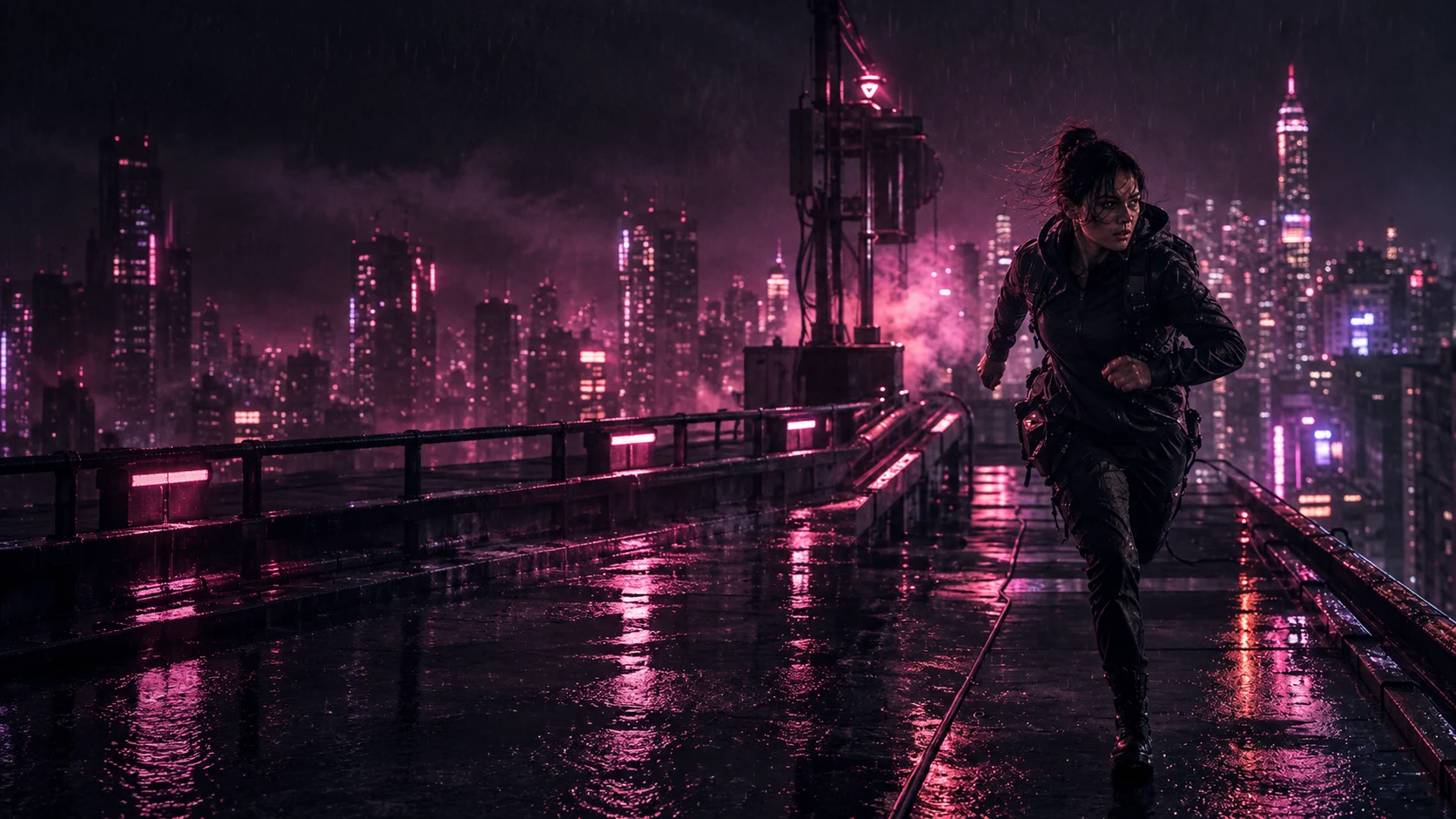 Nova Reyes crossing a neon-lit rooftop